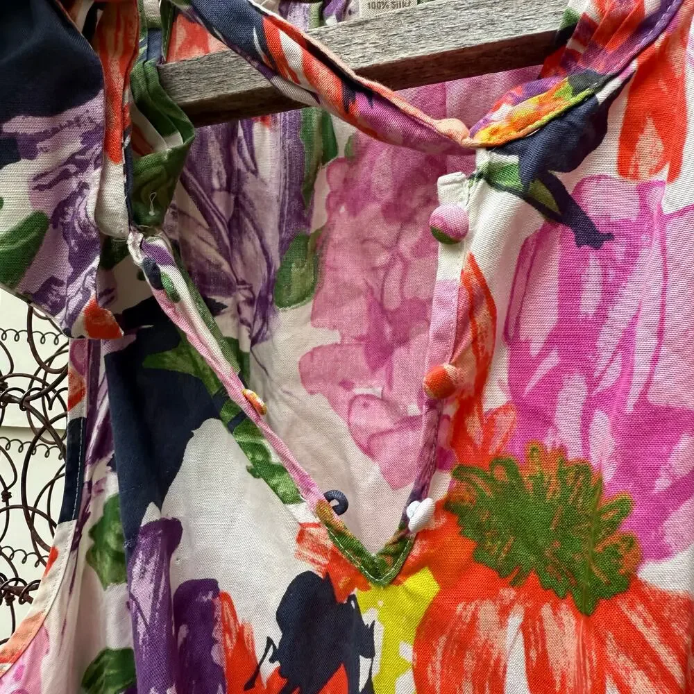 J Crew Silk Floral Garden Party Tie Neck Scarf Neck Sleeveless Blouse Size 10